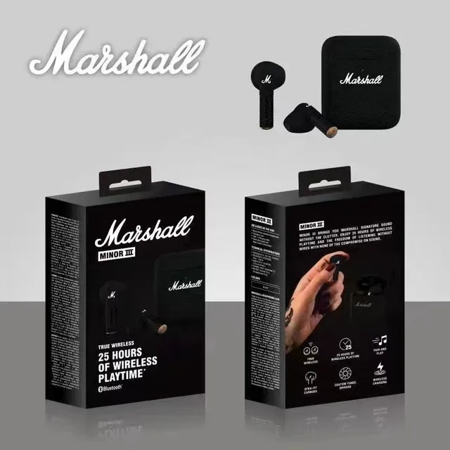 Marshall Black White Textured Stems Cursive Logo TWS Earbuds 2