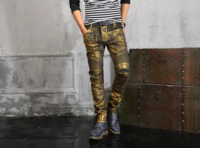 Metallic Gold Coated Slim-Fit Distressed Pants 3