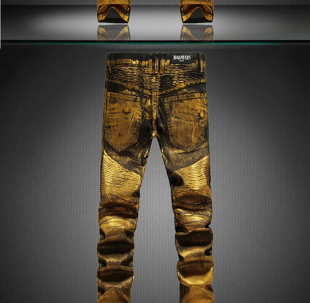 Metallic Gold Coated Slim-Fit Distressed Pants 4