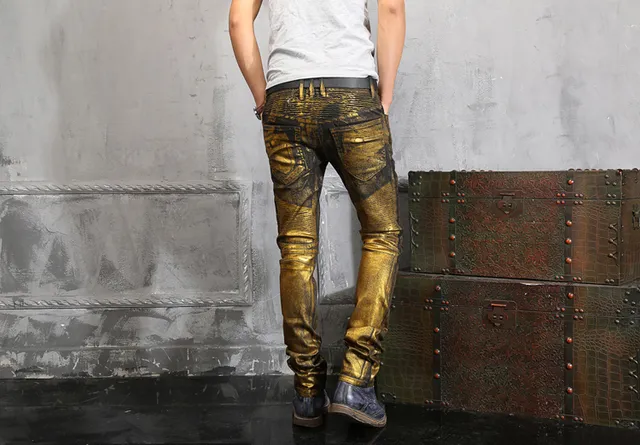 Metallic Gold Coated Slim-Fit Distressed Pants 5