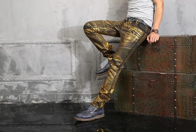 Metallic Gold Coated Slim-Fit Distressed Pants 10