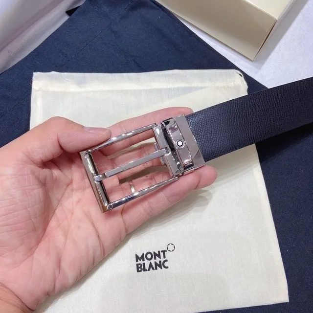 Montblanc Reversible Navy Gray Textured Leather Belt 2