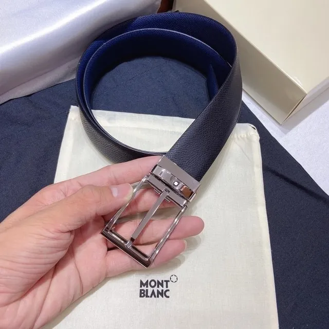 Montblanc Reversible Navy Gray Textured Leather Belt 3
