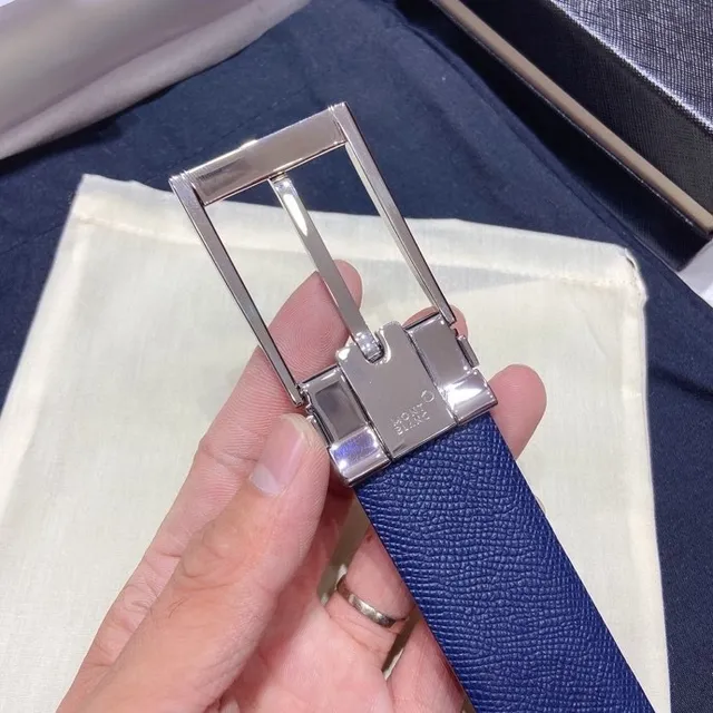 Montblanc Reversible Navy Gray Textured Leather Belt 6