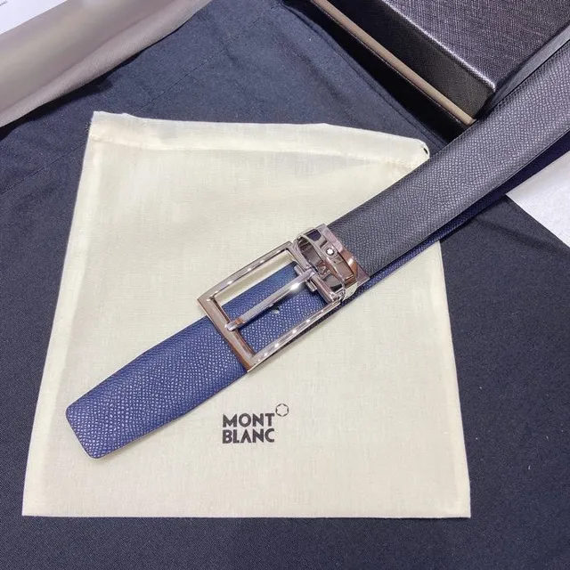 Montblanc Reversible Navy Gray Textured Leather Belt 9