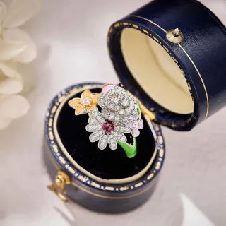 Multicolor Enamel Floral Pavé Gemstone Ring