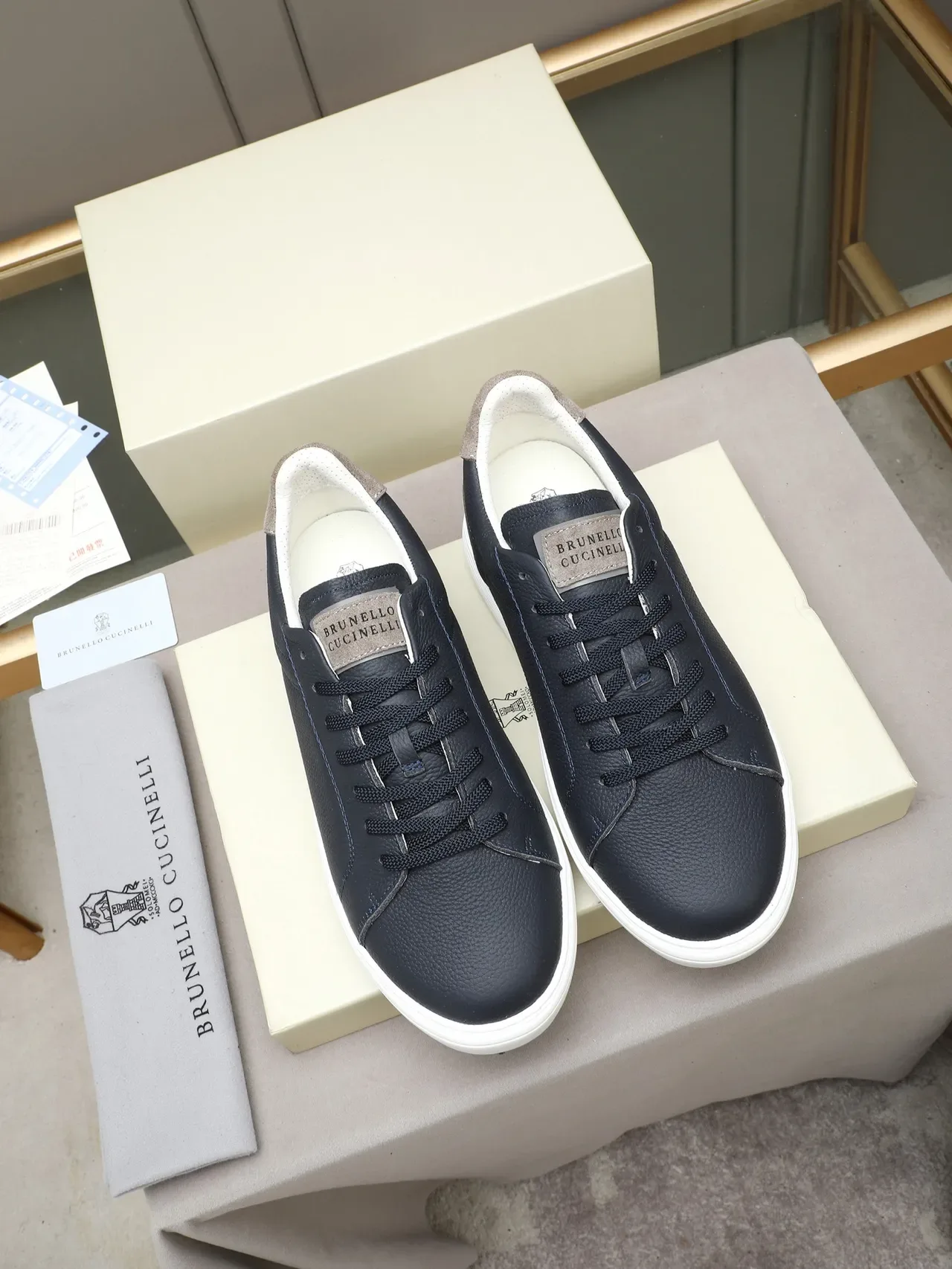 Zapatillas Navy Beige Cuero Pebbled Cupsole Blanca 3
