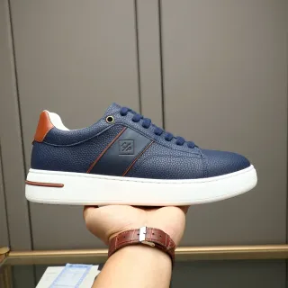 Navy Brown Pebbled Leather Upper Contrast Stripe Sneakers
