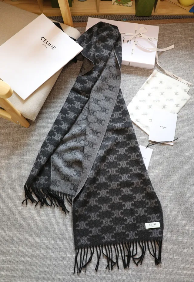 Bufanda de cachemira Navy Gray con estampado monograma y flecos 4