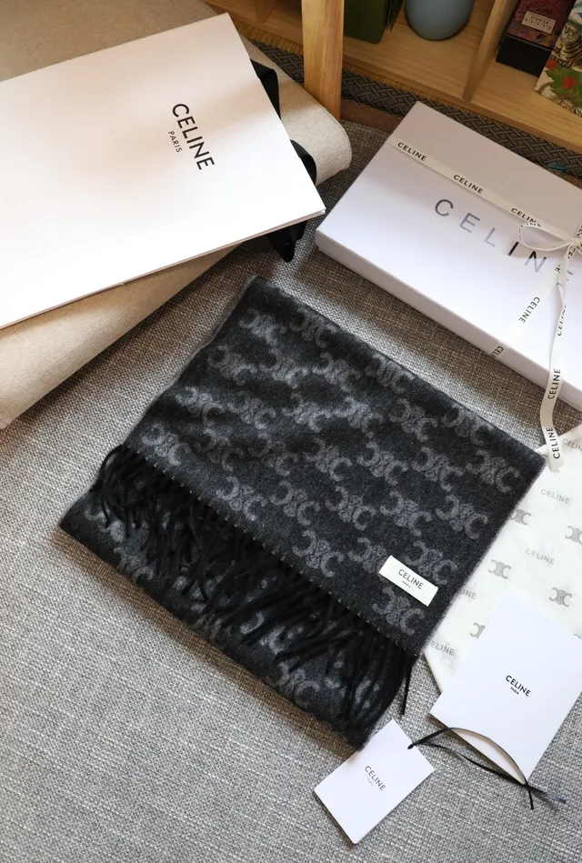 Bufanda de cachemira Navy Gray con estampado monograma y flecos 6