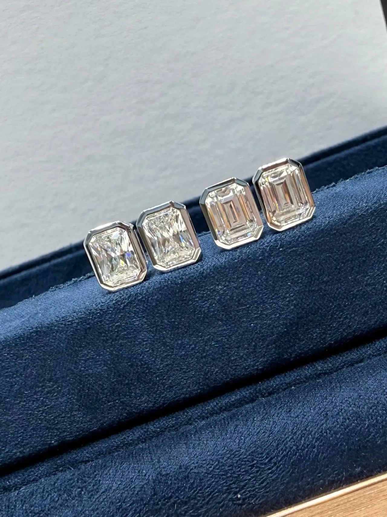 Navy Silver Rectangular Emerald-Cut Stones Bezel-Set Earrings 4