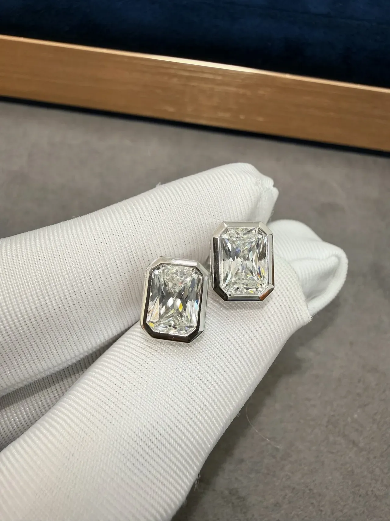 Navy Silver Rectangular Emerald-Cut Stones Bezel-Set Earrings 9