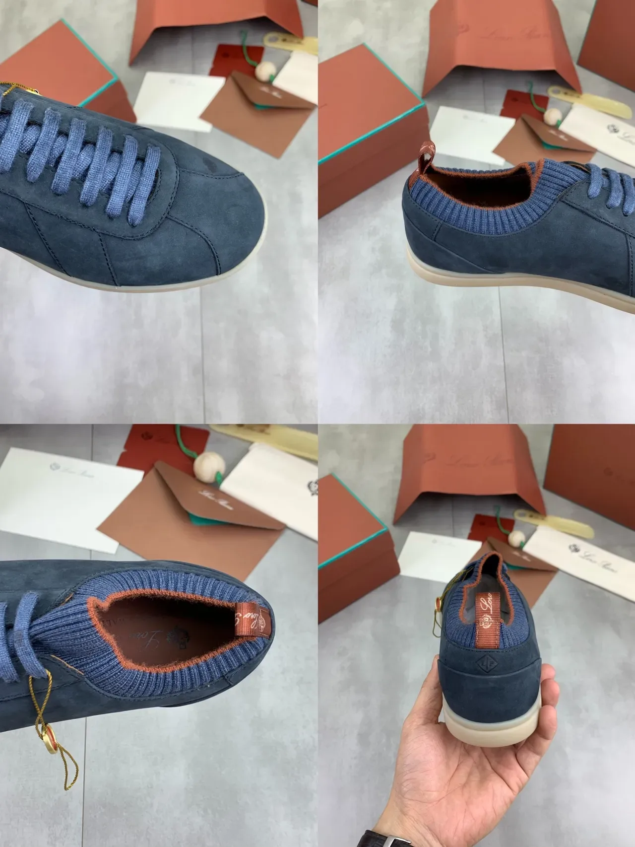 Navy Suede Knit-Collar Low-Top Sneakers 2