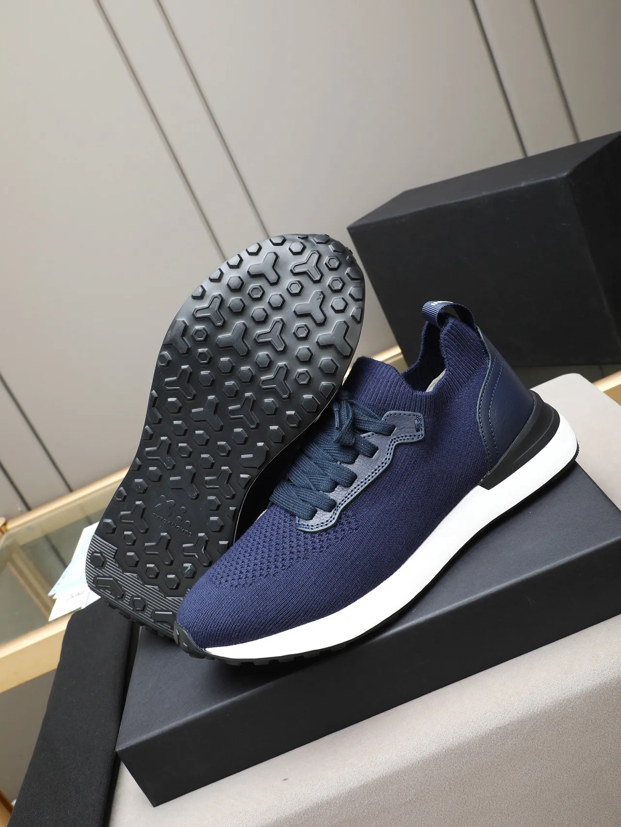 Navy White Knit Upper Sock-Fit Collar Sneakers 5