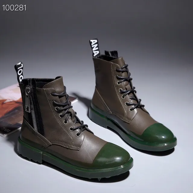 Olive and Glossy Green Two-Tone Lace-Up Ankle Boots 3