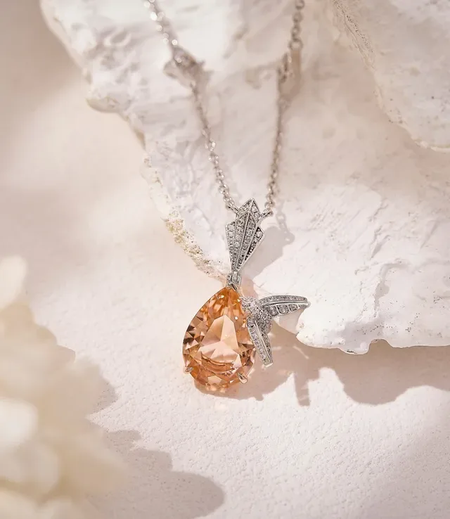 Orange Silver Pear-Shaped Faceted Gemstone Art Deco-Inspired Diamond Pavé Setting Necklace 6