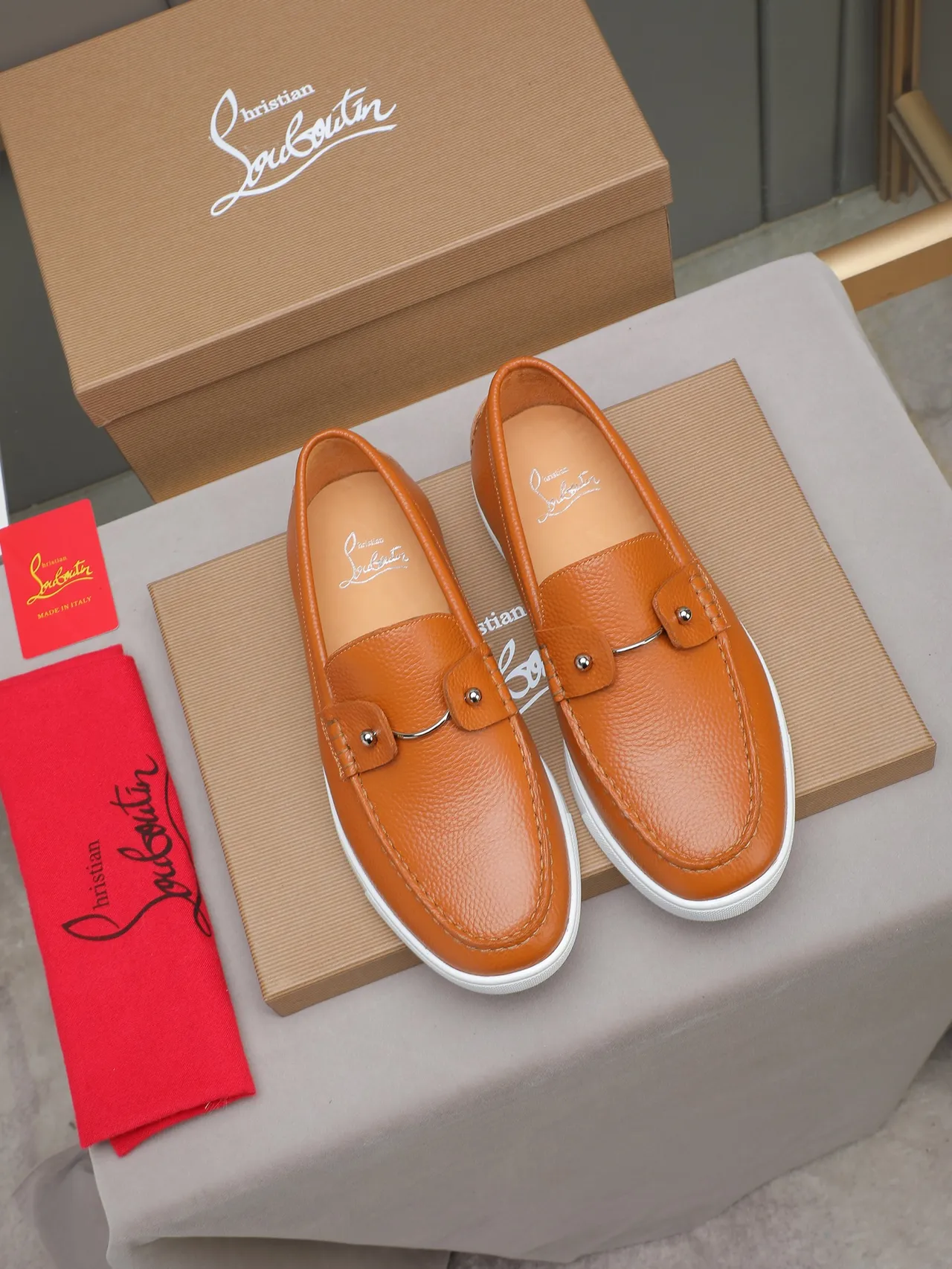 Orange White Pebbled Leather Metal Stud Accent Loafer 2