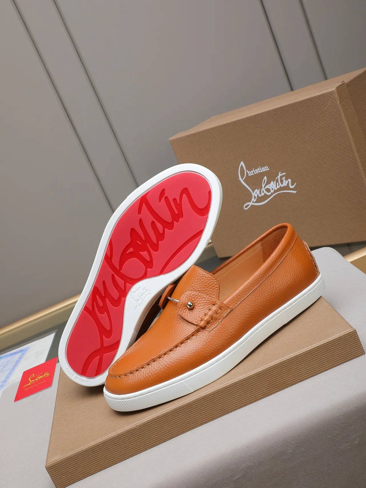 Orange White Pebbled Leather Metal Stud Accent Loafer 4
