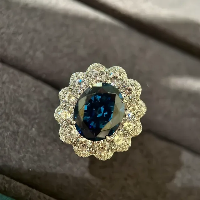 Oval Blue Gemstone Floral Halo Ring 4