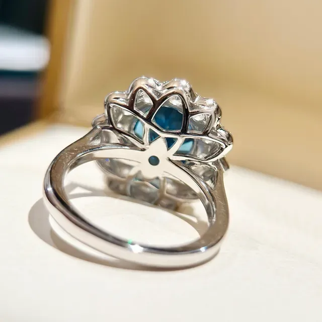 Oval Blue Gemstone Floral Halo Ring 5