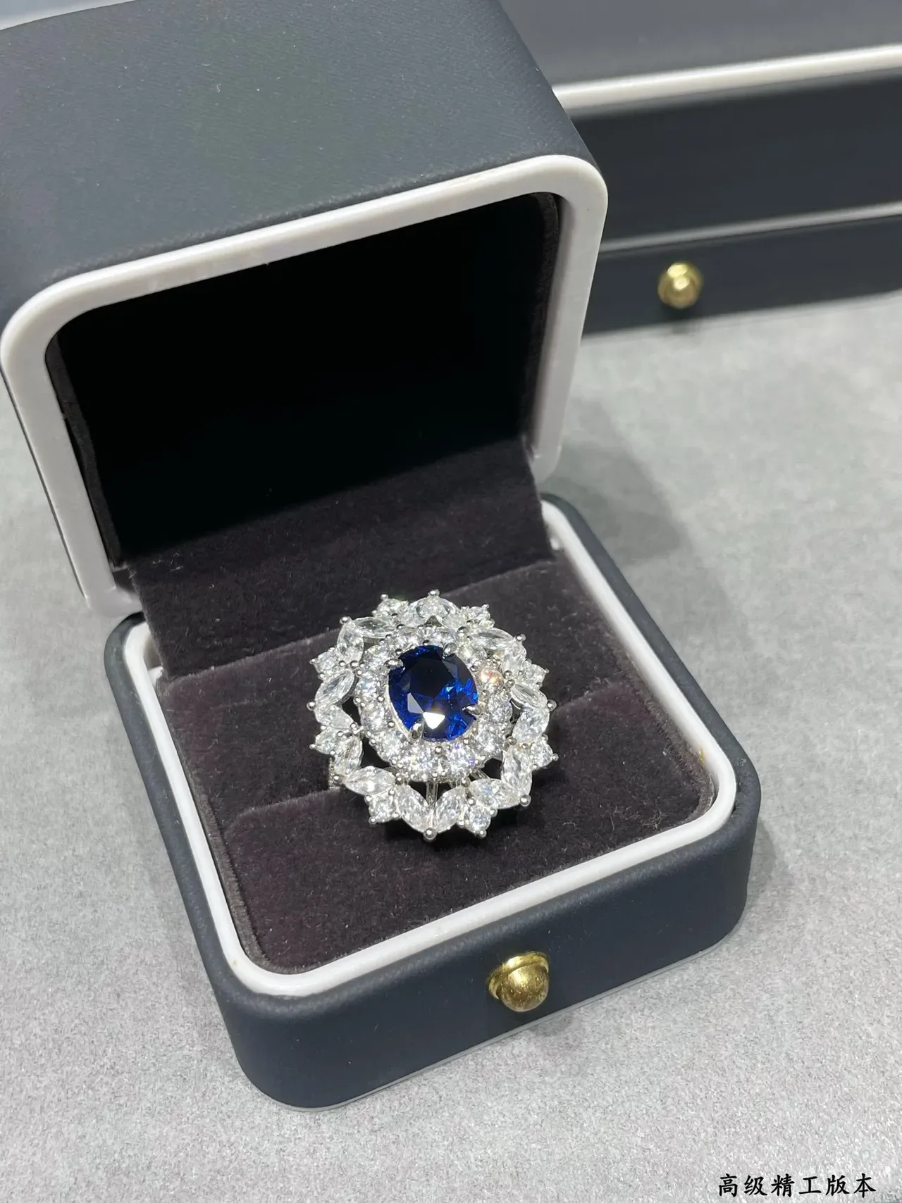 Oval Blue Sapphire Halo Leaf-Motif Cluster Ring 4