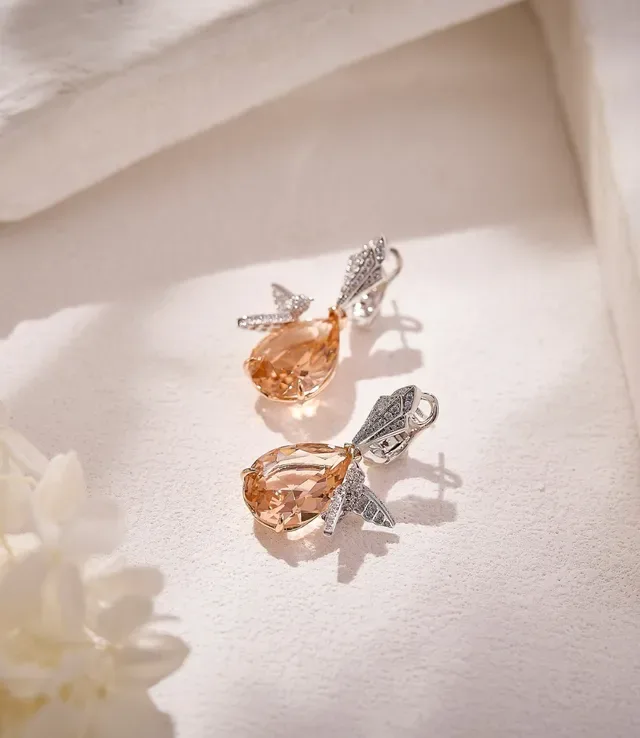 Pear-Shaped Peach Crystal Wing Accent Drop Earrings 2