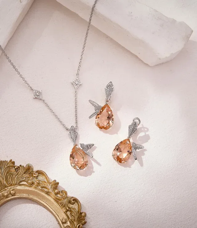Pear-Shaped Peach Crystal Wing Accent Drop Earrings 3