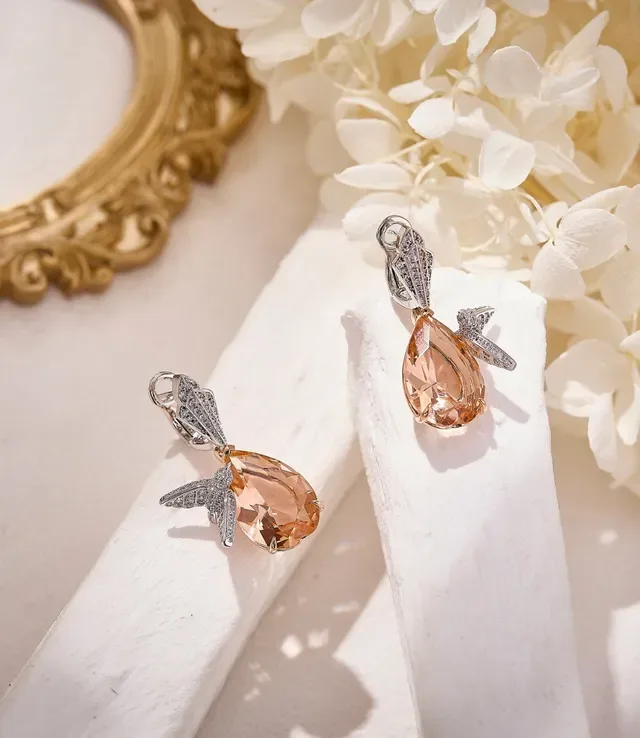 Pear-Shaped Peach Crystal Wing Accent Drop Earrings 7