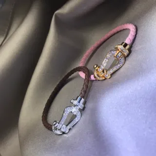 Pulseras de cuero trenzado rosa y marrón con hebilla pavé de cristales