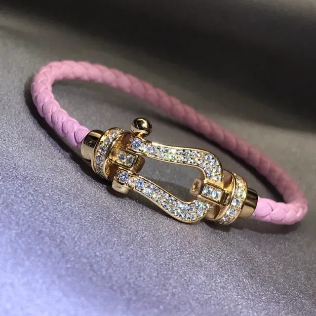 Pink and Brown Braided Leather Pave-Crystal Buckle Bracelets 4