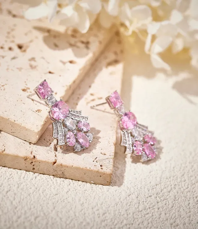 Aretes Fan-Dangle de Gemas Rosas y Transparente 2