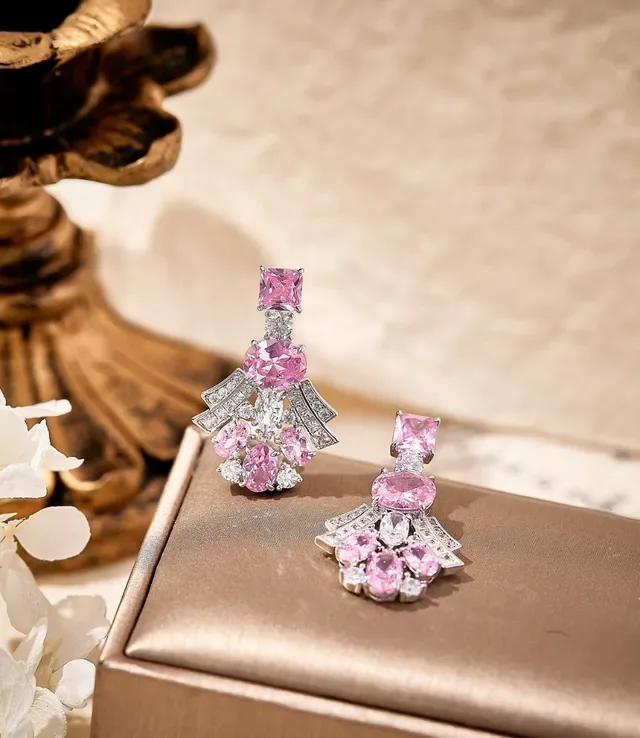 Aretes Fan-Dangle de Gemas Rosas y Transparente 3