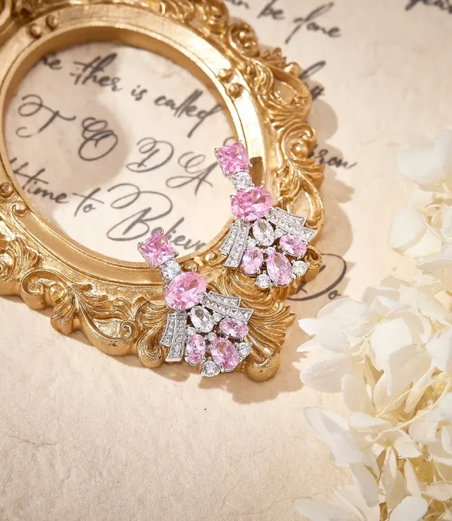 Aretes Fan-Dangle de Gemas Rosas y Transparente 4