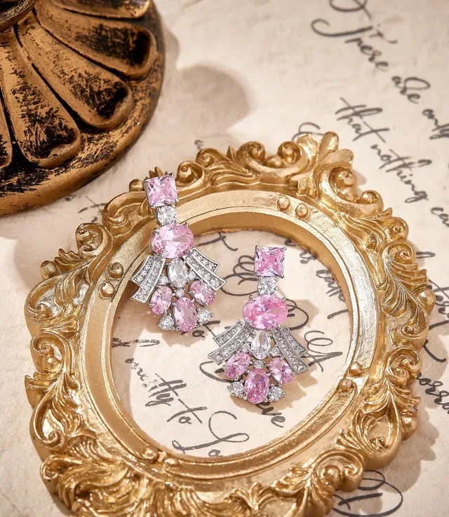 Aretes Fan-Dangle de Gemas Rosas y Transparente 5