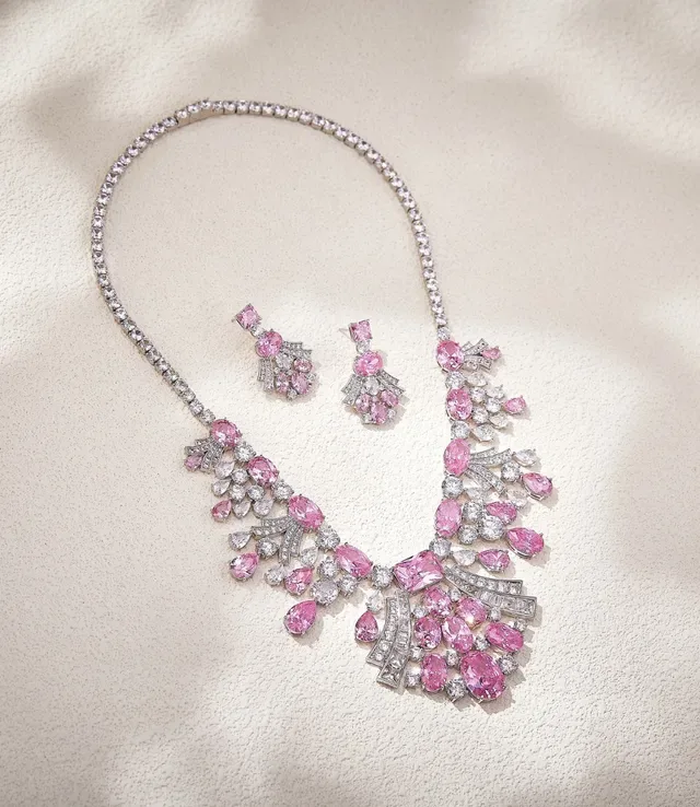 Aretes Fan-Dangle de Gemas Rosas y Transparente 6