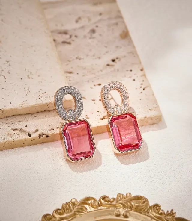 Pink Gemstone and Pave-Diamond Drop Earrings 6