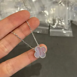 Pink Silver Four-Leaf Clover Pendant Beaded Bezel Edge Necklace