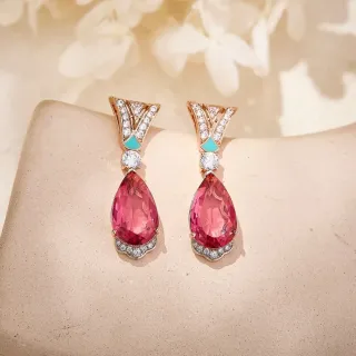 Brincos de gema rosa com gota e esmalte de turquesa
