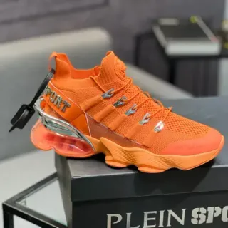 PLEIN SPORT Orange Silver Knit Upper Exposed Air Cushioning Chunky Sneakers
