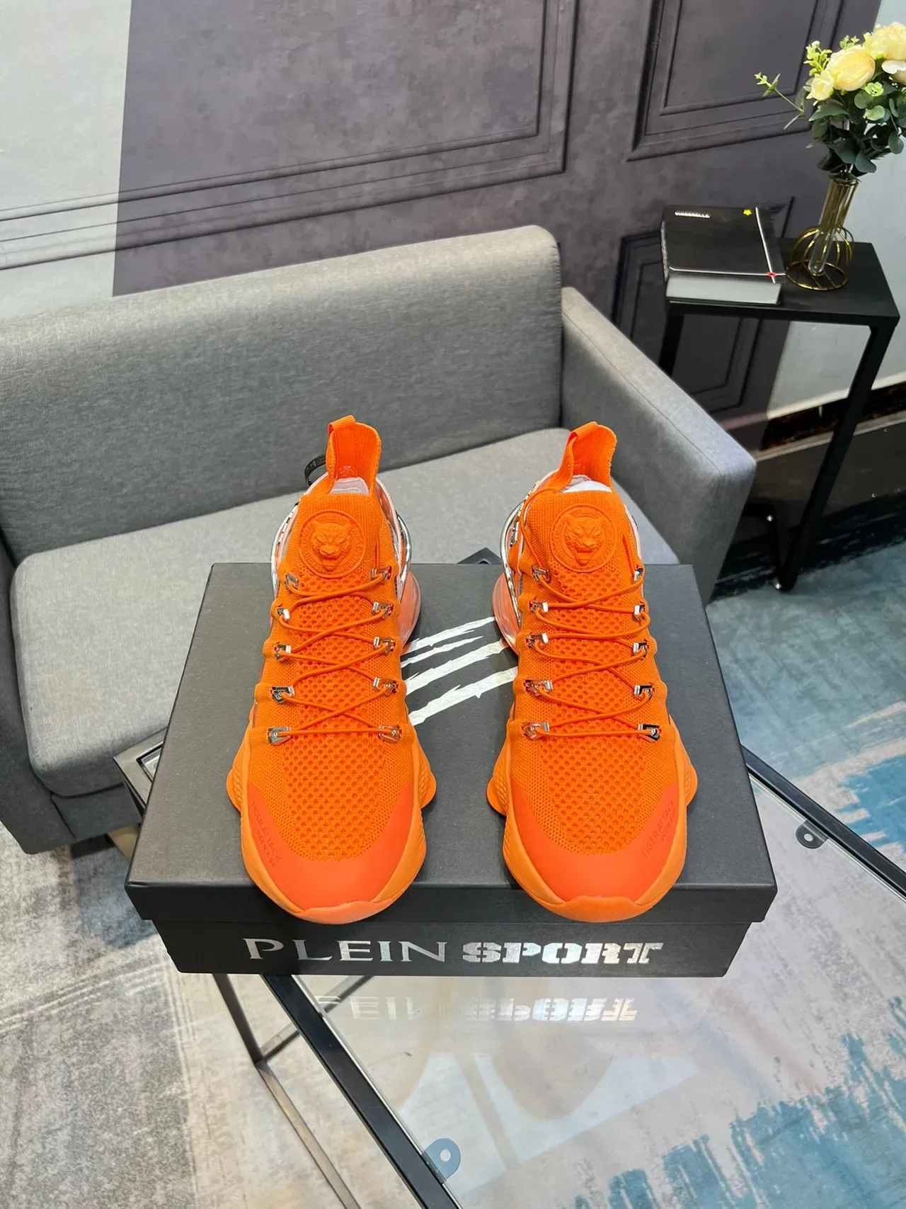 PLEIN SPORT Orange Silver Knit Upper Exposed Air Cushioning Chunky Sneakers 2