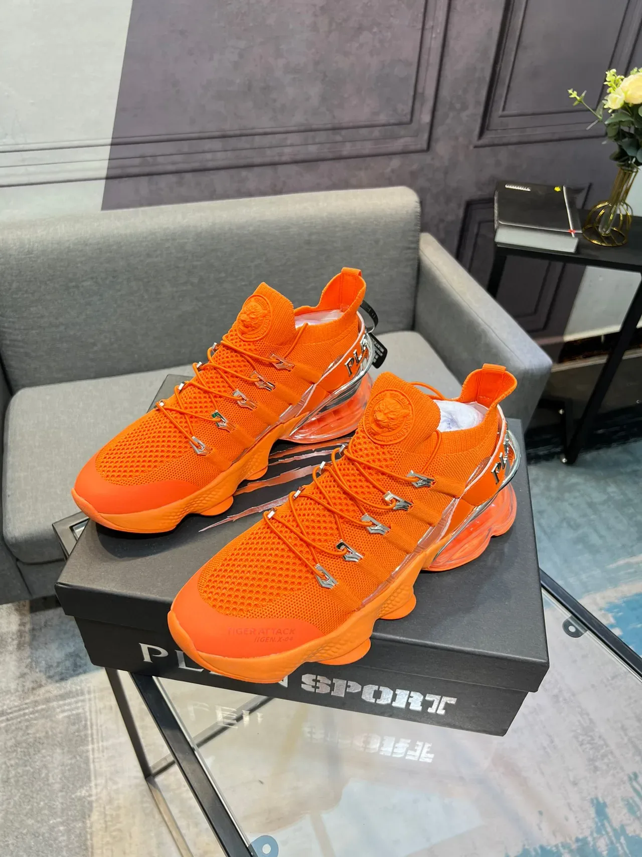 PLEIN SPORT Orange Silver Knit Upper Exposed Air Cushioning Chunky Sneakers 3