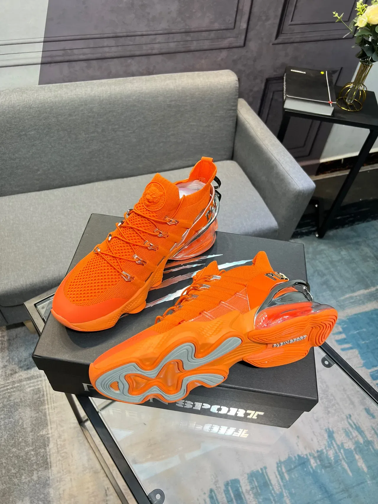 PLEIN SPORT Orange Silver Knit Upper Exposed Air Cushioning Chunky Sneakers 4