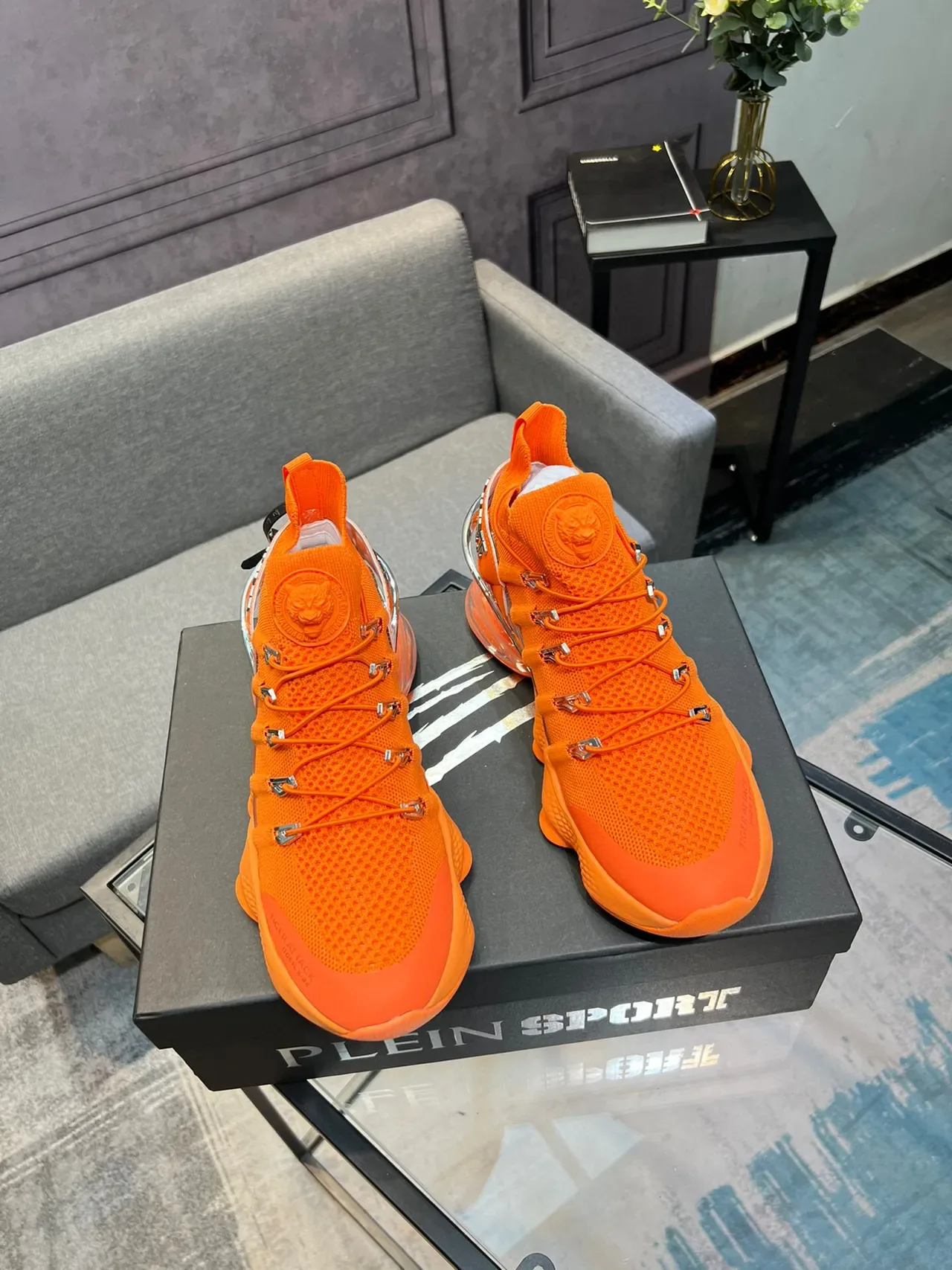 PLEIN SPORT Orange Silver Knit Upper Exposed Air Cushioning Chunky Sneakers 5