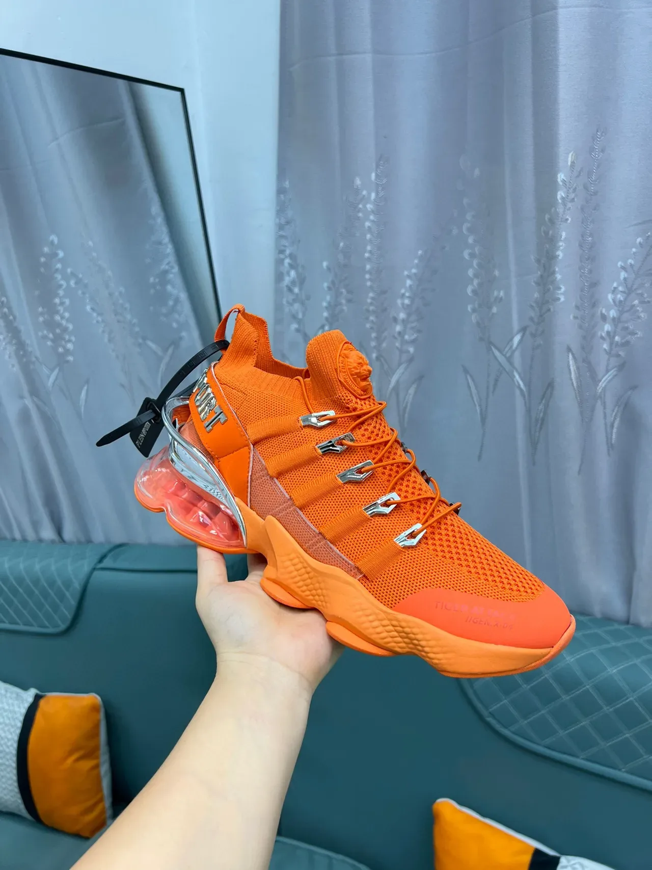 PLEIN SPORT Orange Silver Knit Upper Exposed Air Cushioning Chunky Sneakers 6