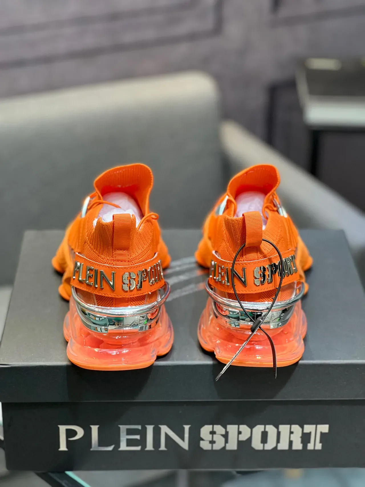 PLEIN SPORT Orange Silver Knit Upper Exposed Air Cushioning Chunky Sneakers 8