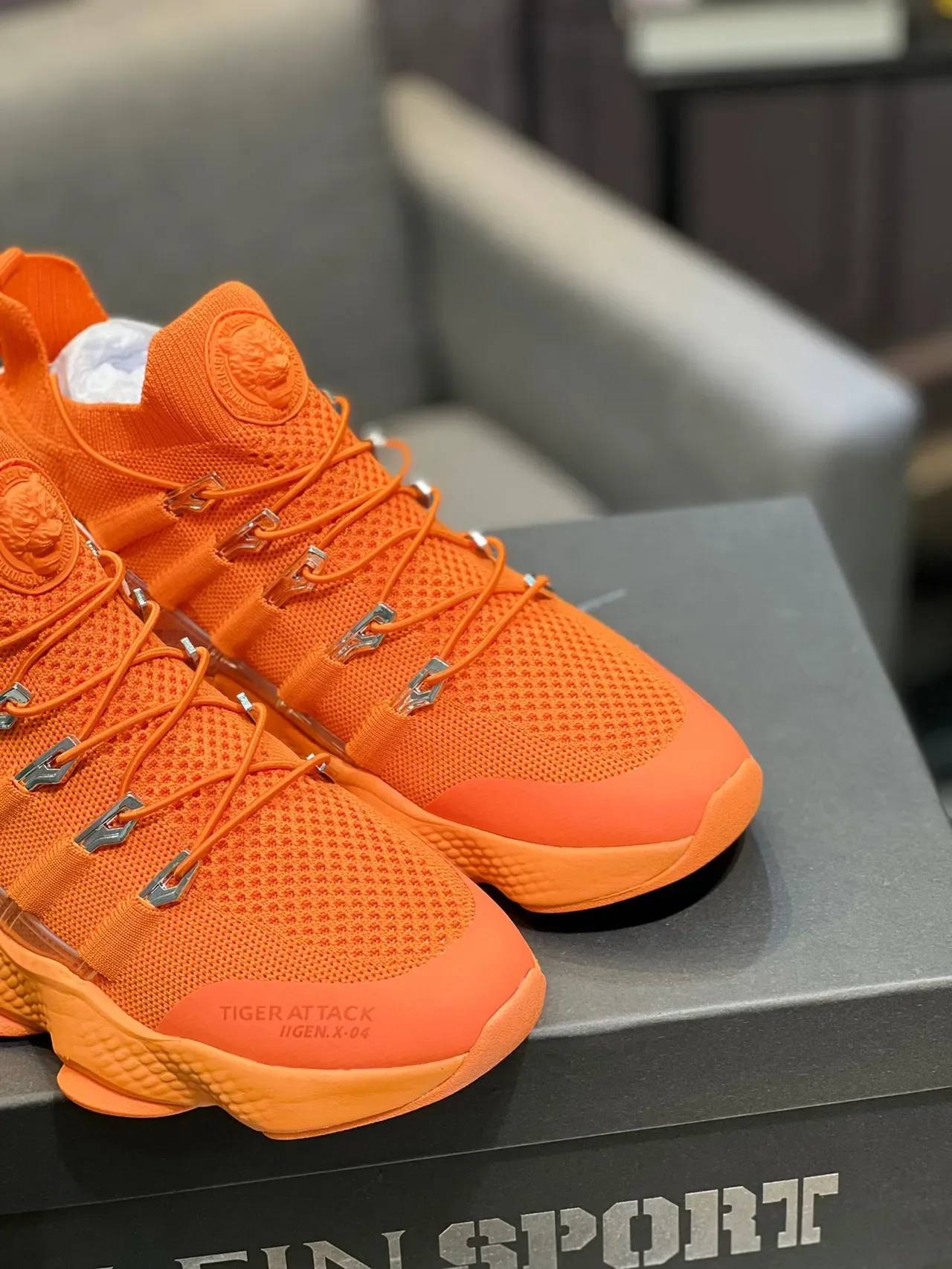 PLEIN SPORT Orange Silver Knit Upper Exposed Air Cushioning Chunky Sneakers 9