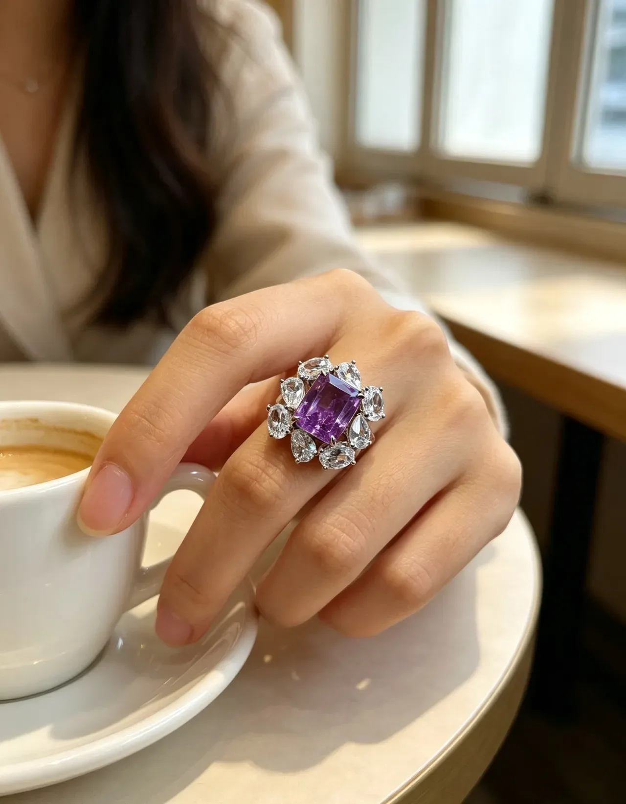 Purple Square-Cut Gemstone Halo Cluster Ring 2