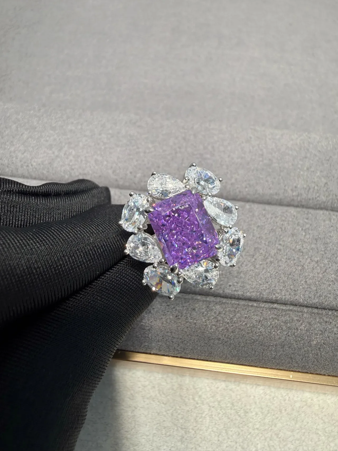 Purple Square-Cut Gemstone Halo Cluster Ring 4