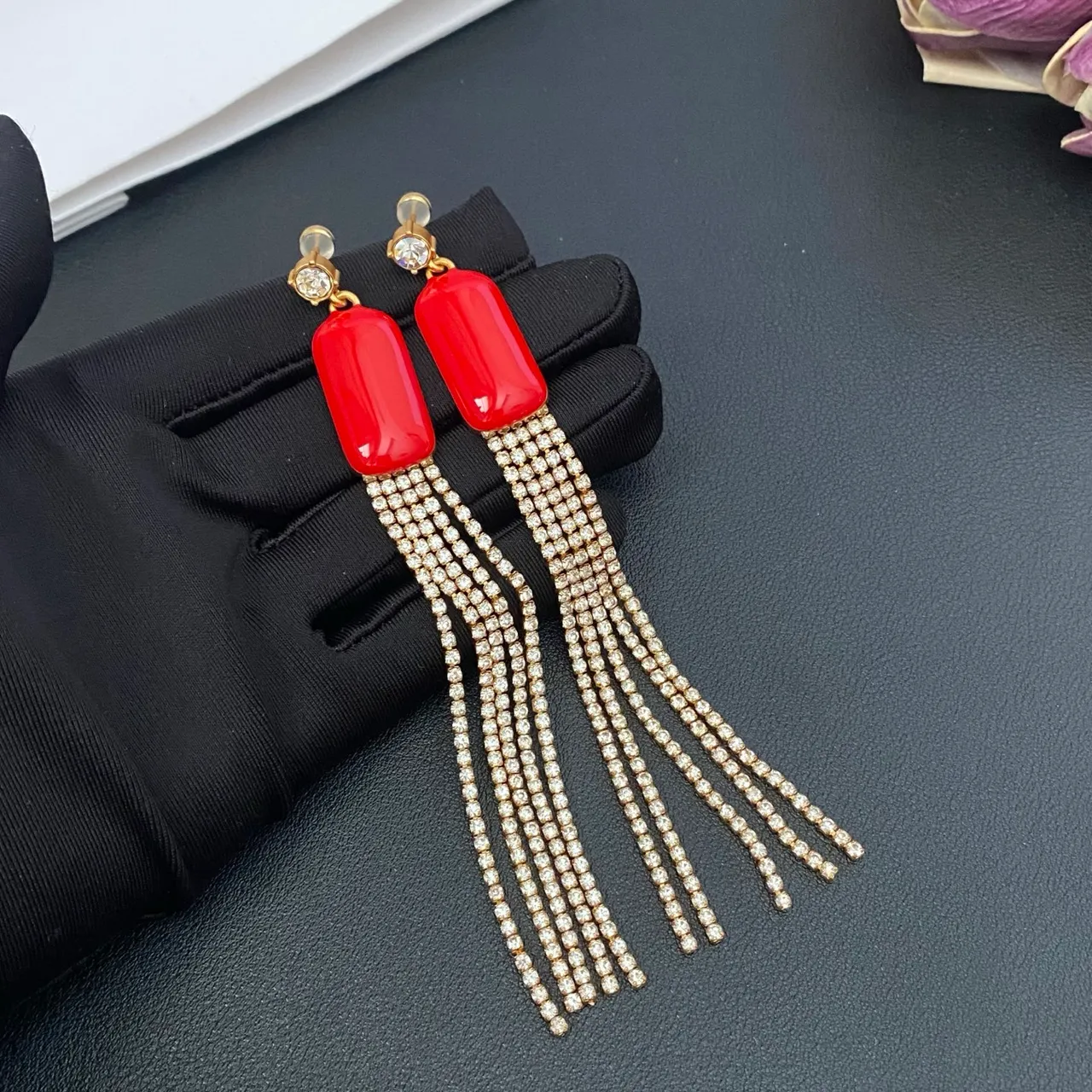 Red Cabochon Crystal Tassel Earrings 7