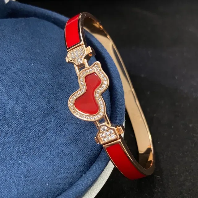 Red Gold Hinged Bangle Enamel-Inlay Bracelet 7